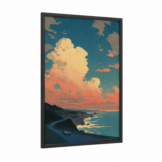 Coastal Racer framed auto racing print — black wood frame — teal and salmon pink palette
