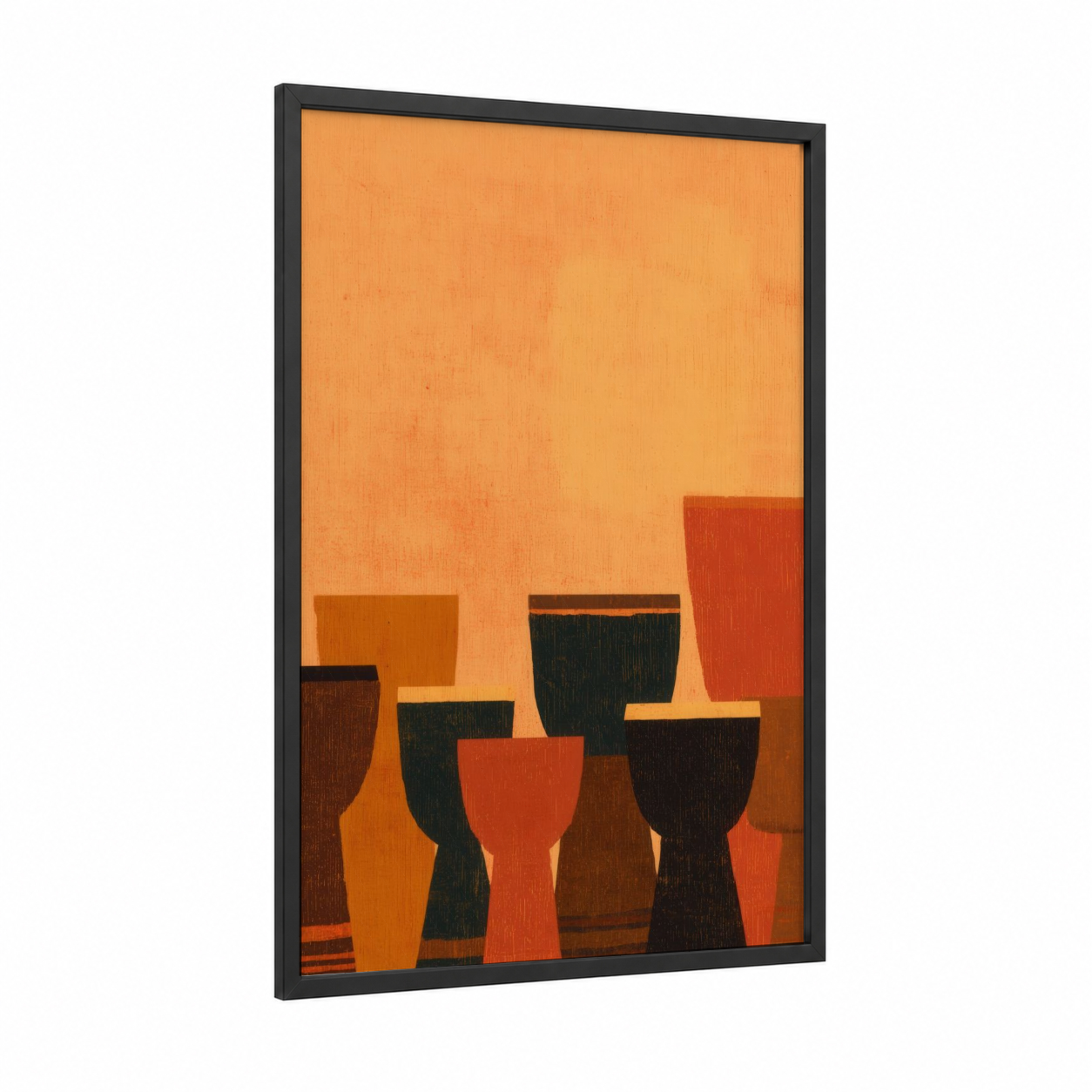 Silhouette Drums framed art print — black wood frame — orange and black palette