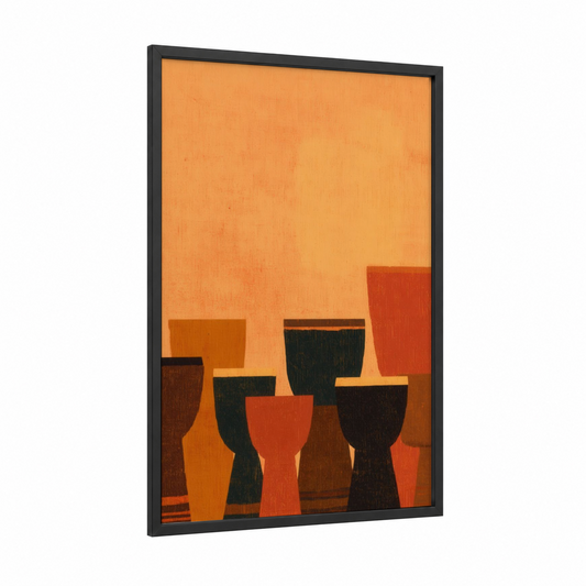 Silhouette Drums framed art print — black wood frame — orange and black palette