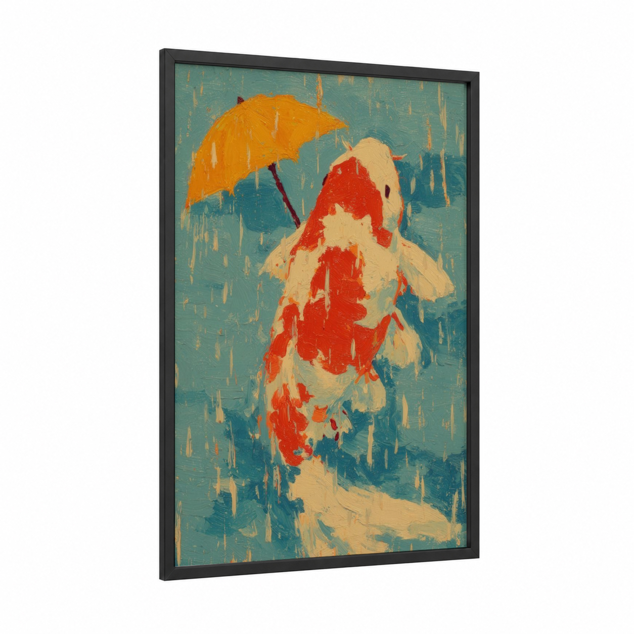 Rainy Koi Fish framed art print — black wood frame — teal and gold palette
