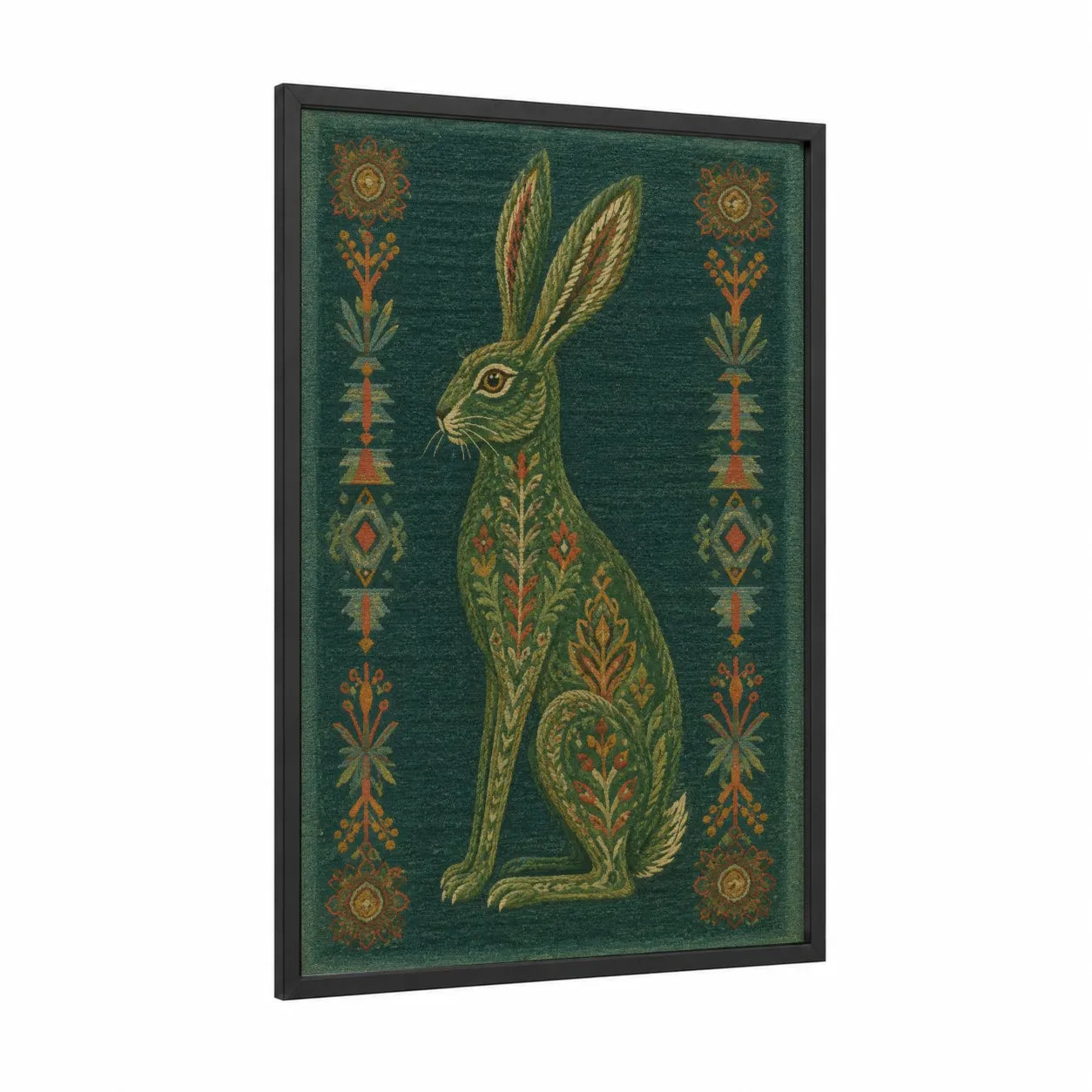 Decorative Hare with Folk Motifs Wall Art framed rabbit print — black wood frame — true green and gold palette