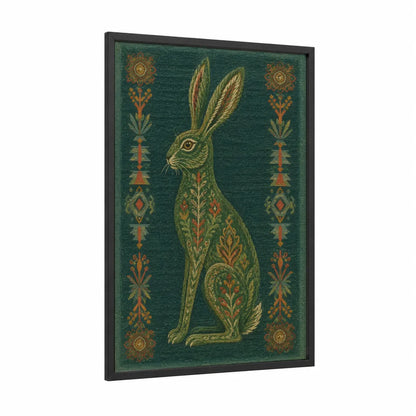 Decorative Hare with Folk Motifs Wall Art framed rabbit print — black wood frame — true green and gold palette