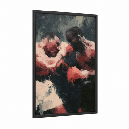 Dynamic Boxing Match framed art print — black wood frame — salmon pink and black palette