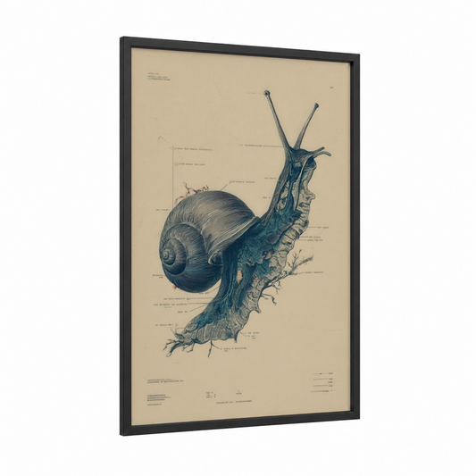 Anatomical Snail framed art print — black wood frame — blue and cream palette