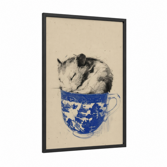 Teacup Hamster framed art print — black wood frame — blue and cream palette