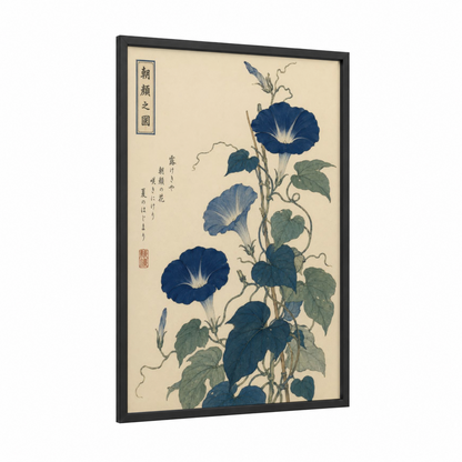 Japanese Morning Glory Botanical Wall Art framed flower print — black wood frame — blue and cream palette