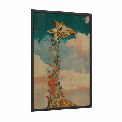 Autumn Giraffe framed art print — black wood frame — teal and peach palette
