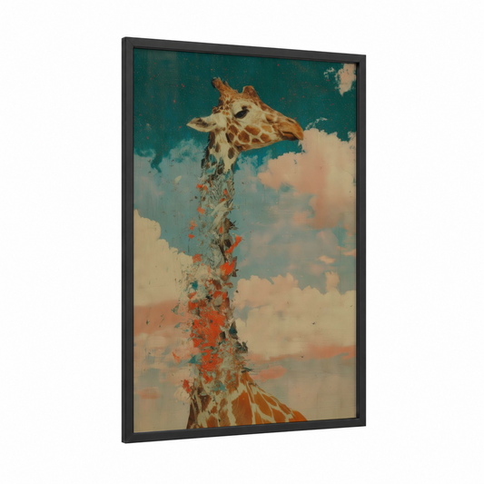 Autumn Giraffe framed art print — black wood frame — teal and peach palette