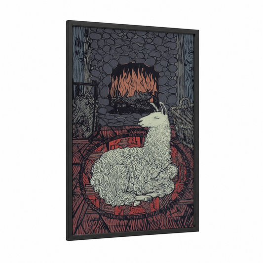Fireside Llama framed art print — black wood frame — cream palette