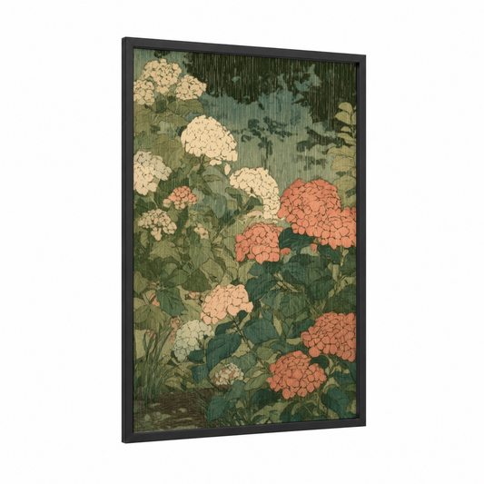 Coral Hydrangea Garden framed art print — black wood frame — green and peach palette
