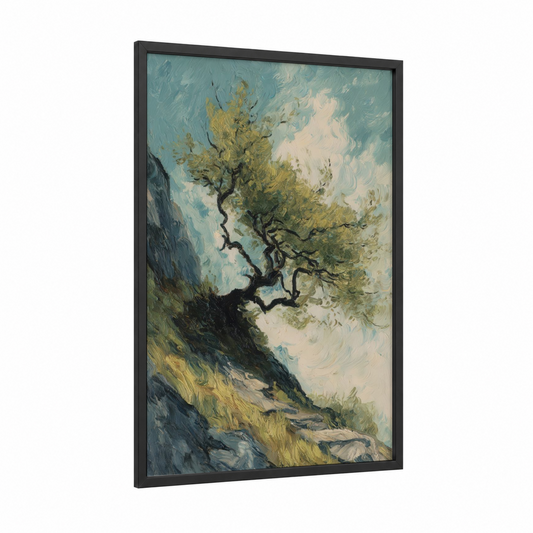 Windswept Willow framed willow tree print — black wood frame — light green and blue palette