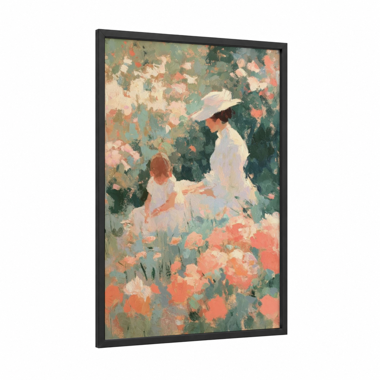 Garden Moment Mother framed mother's day print — black wood frame — sage green and peach palette