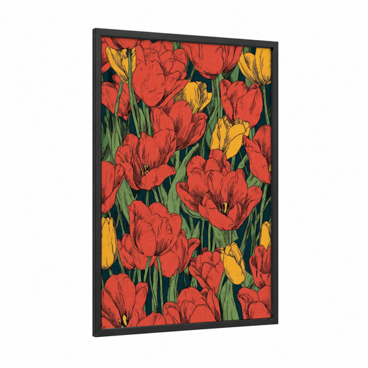 Spring Tulips framed art print — black wood frame — red and yellow gold palette