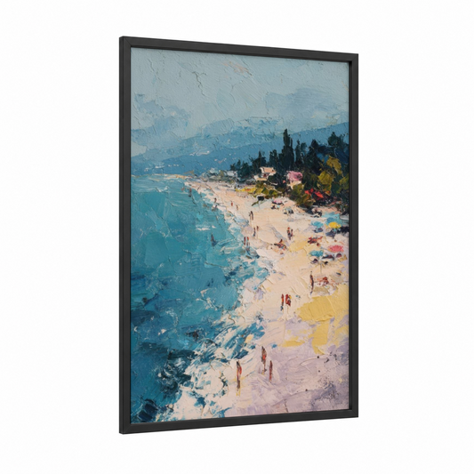 Seaside Summer Afternoon framed sandy beach print — black wood frame — blue and gold palette