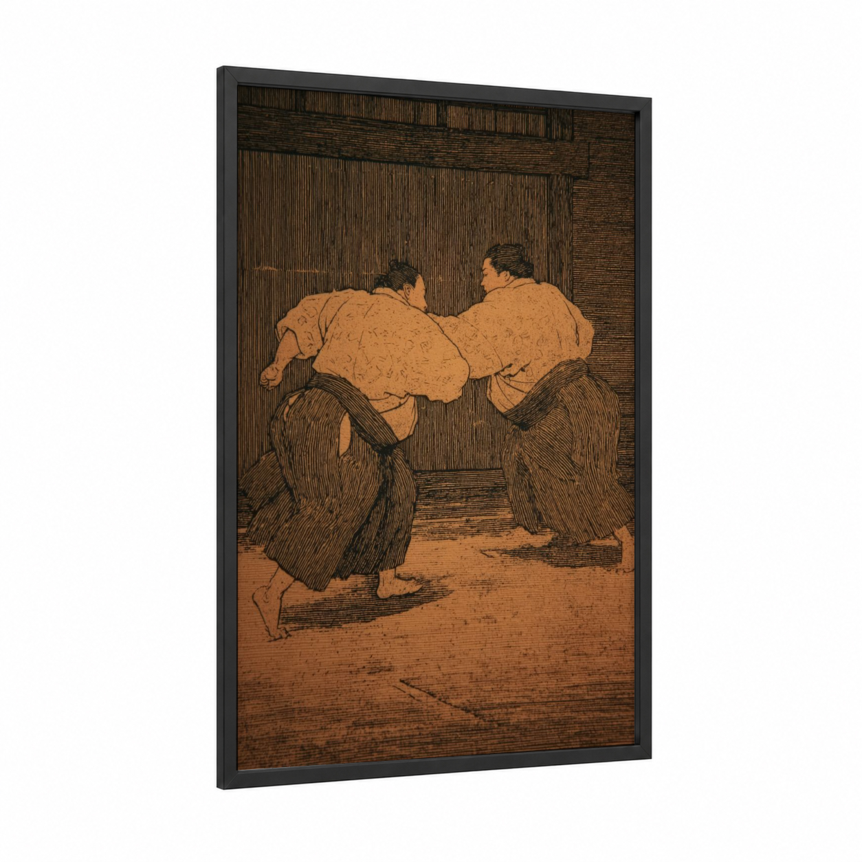 Traditional Sumo Match framed wrestling print — black wood frame — brown and gold palette