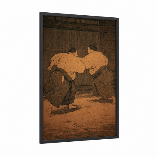 Traditional Sumo Match framed wrestling print — black wood frame — brown and gold palette