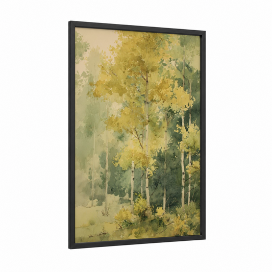 Golden Aspen Forest framed art print — black wood frame — yellow gold and sage green palette