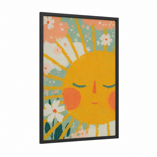 Sunny Daydream framed the sun print — black wood frame — yellow gold and sage green palette