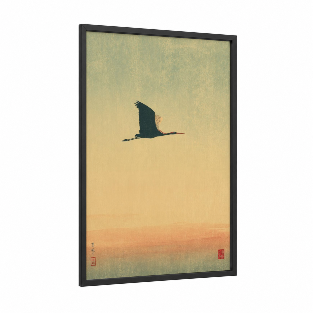 Crane Dawn Flight framed morning sky print — black wood frame — gold and beige palette