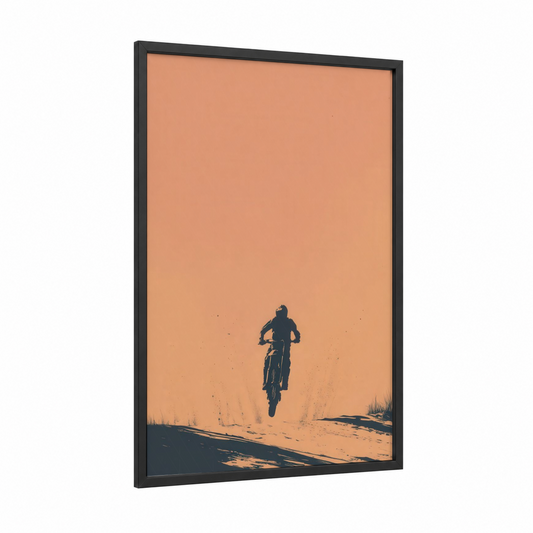Desert Motocross framed art print — black wood frame — orange and black palette