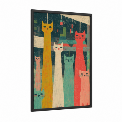 Colorful Cat Columns framed art print — black wood frame — gold and teal palette