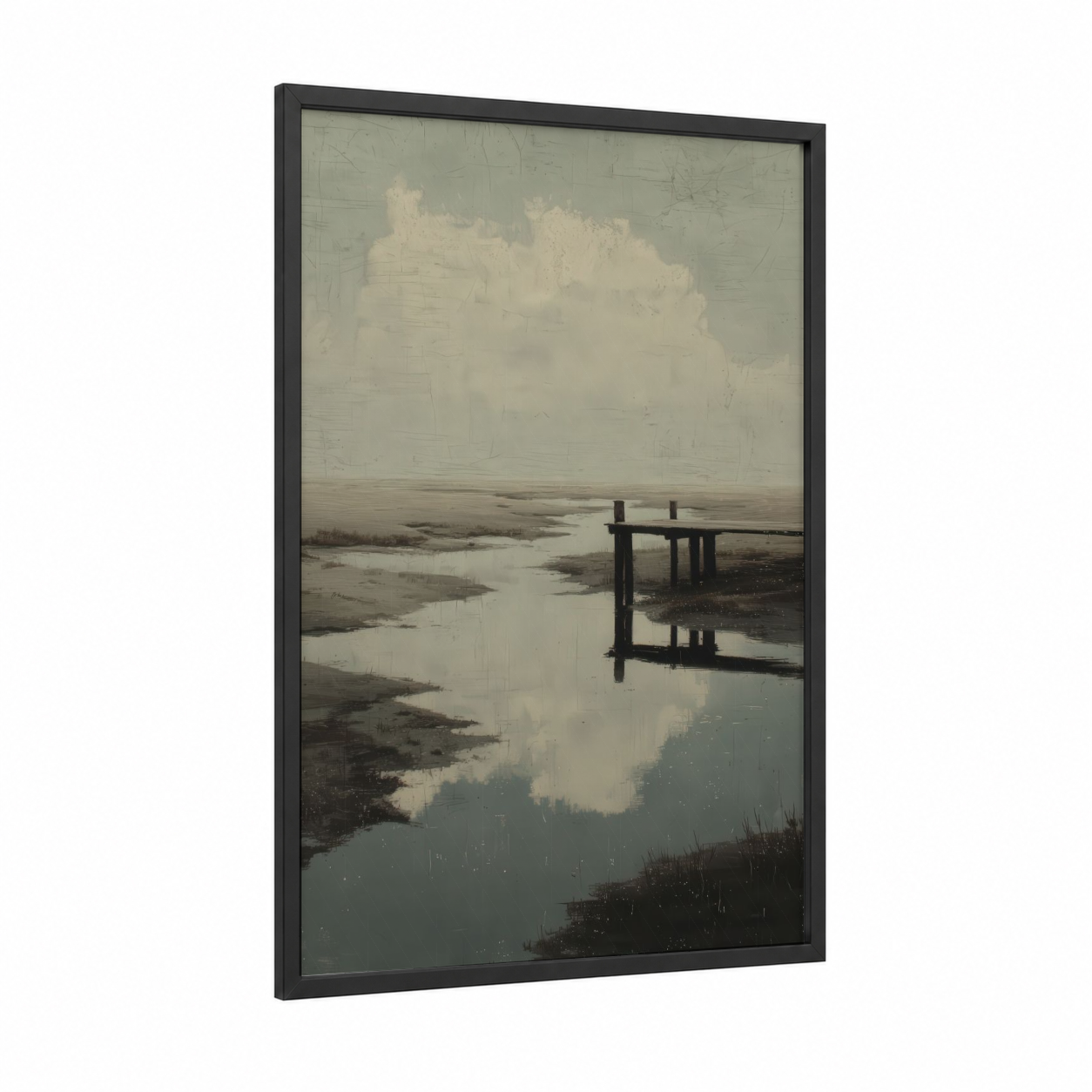 Misty Dock Reflection framed docks and piers print — black wood frame — cream and dove gray palette