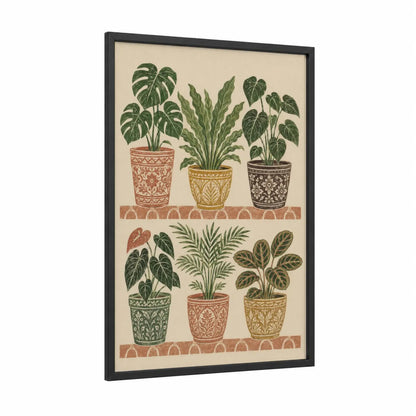 Tropical Potted Plants Botanical Wall Art framed art print — black wood frame — green and beige palette