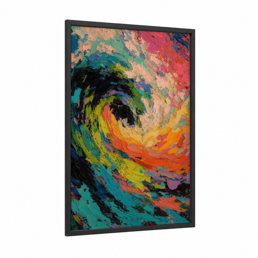 Colorful Tuna Swirl framed art print — black wood frame — orange and teal palette