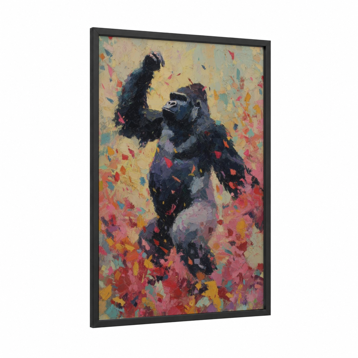 Victorious Gorilla framed art print — black wood frame — black and gold palette