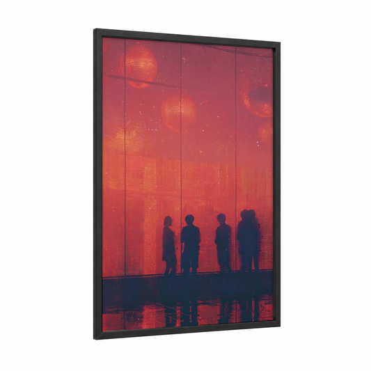 Disco Silhouettes framed art print — black wood frame — red and gold palette