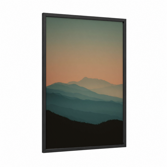 Alpine Twilight framed alps print — black wood frame — sage green and peach palette