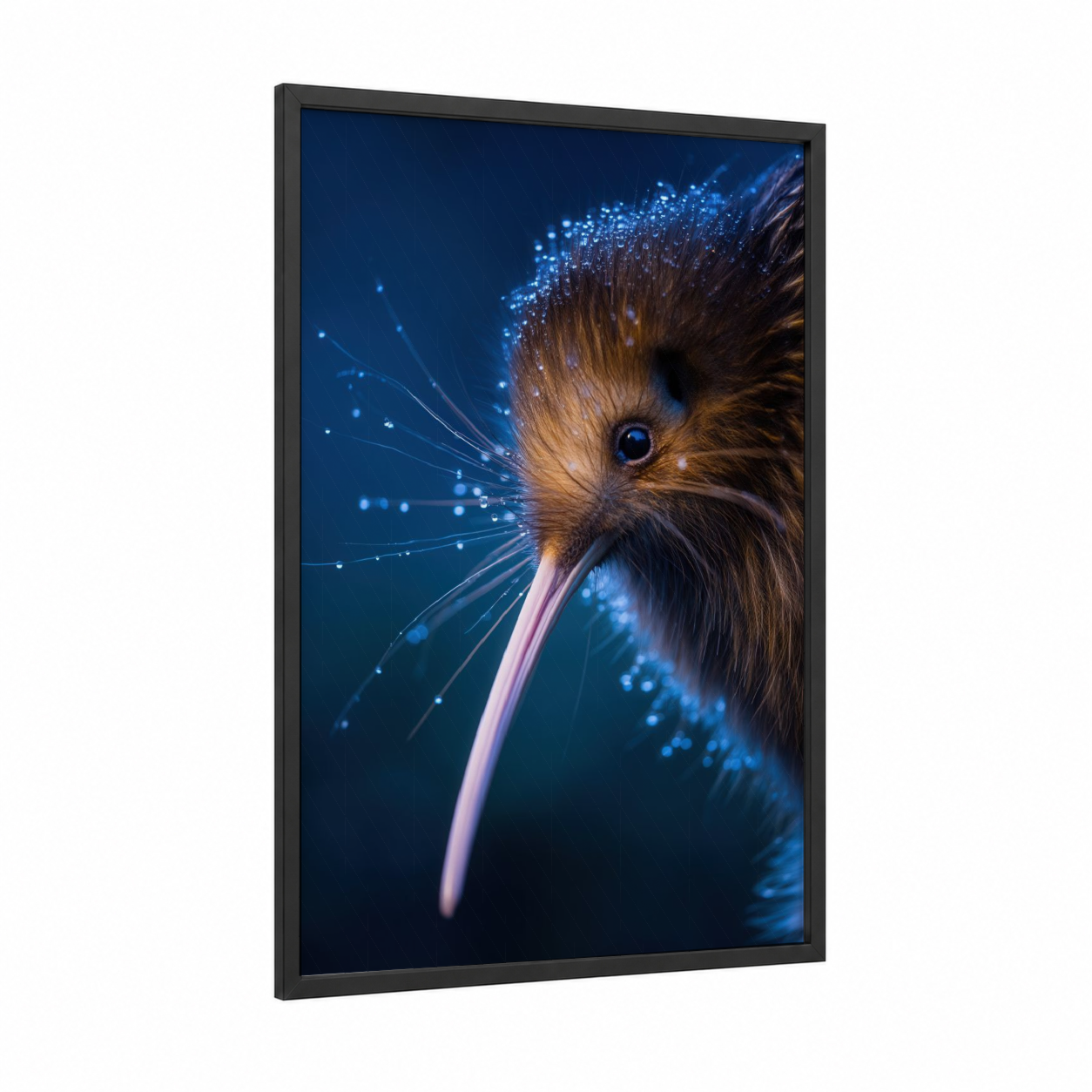 Luminous Kiwi framed art print — black wood frame — blue and gold palette