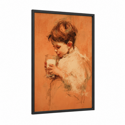 Child with Milk framed art print — black wood frame — orange and cream palette