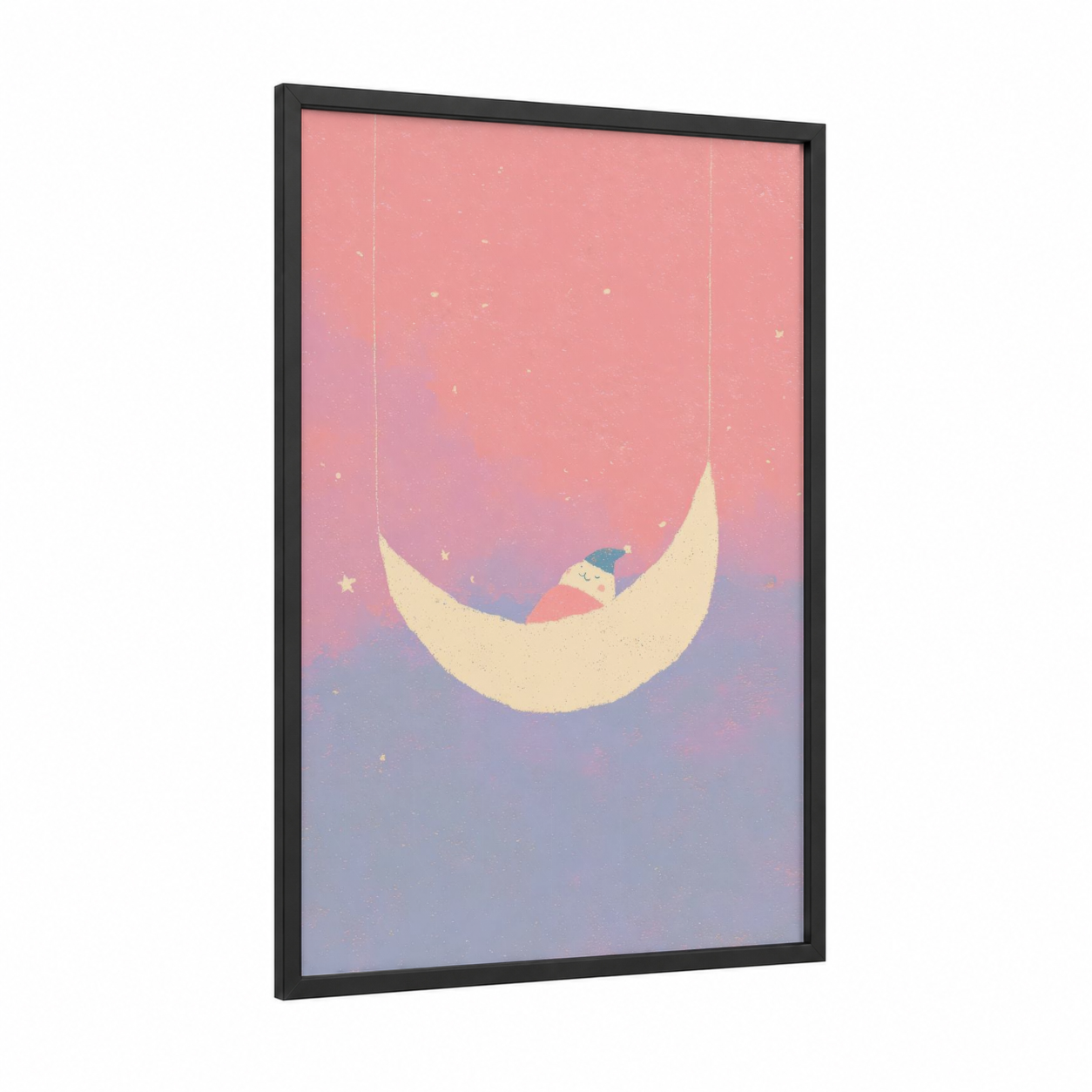 Dreaming Moon Child framed star print — black wood frame — peach and lavender palette