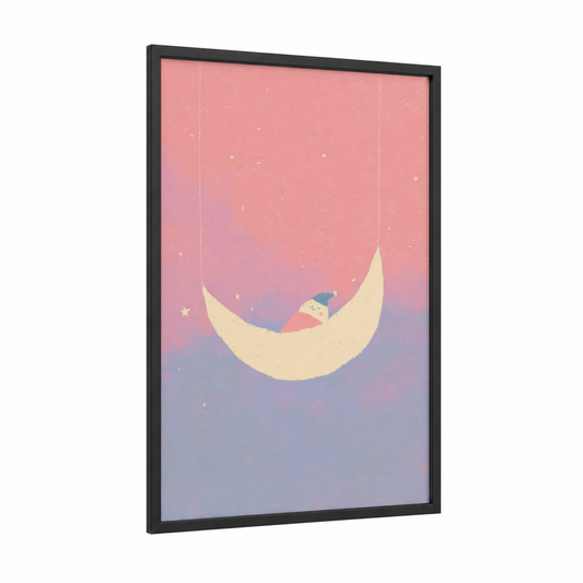 Dreaming Moon Child framed star print — black wood frame — peach and lavender palette