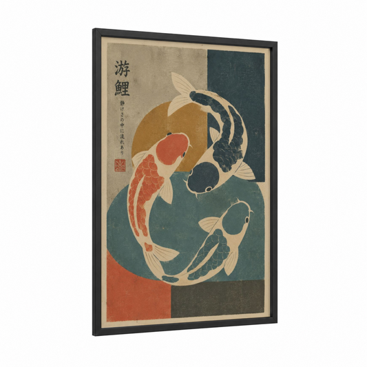 Koi Fish Swimming Japanese Wall Art framed art print — black wood frame — teal and salmon pink palette