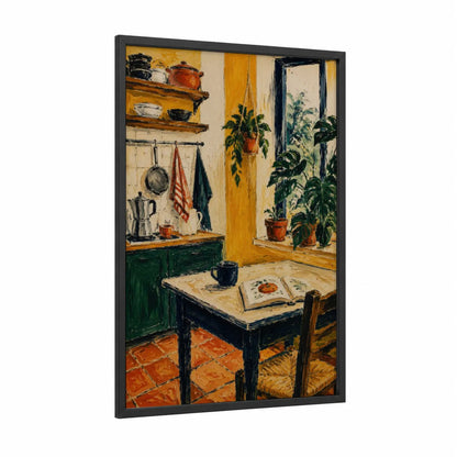 Cozy Kitchen Morning Scene Wall Art framed plant print — black wood frame — yellow and true green palette