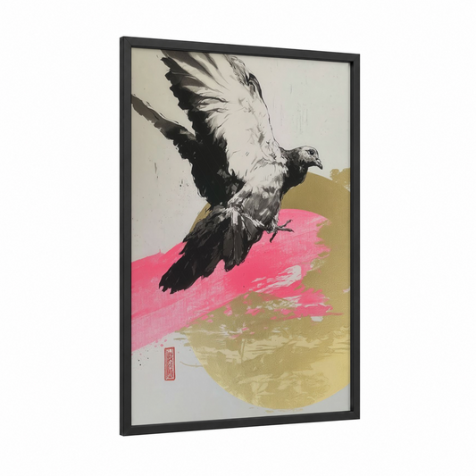 Rising Pigeon framed art print — black wood frame — black and white and magenta palette
