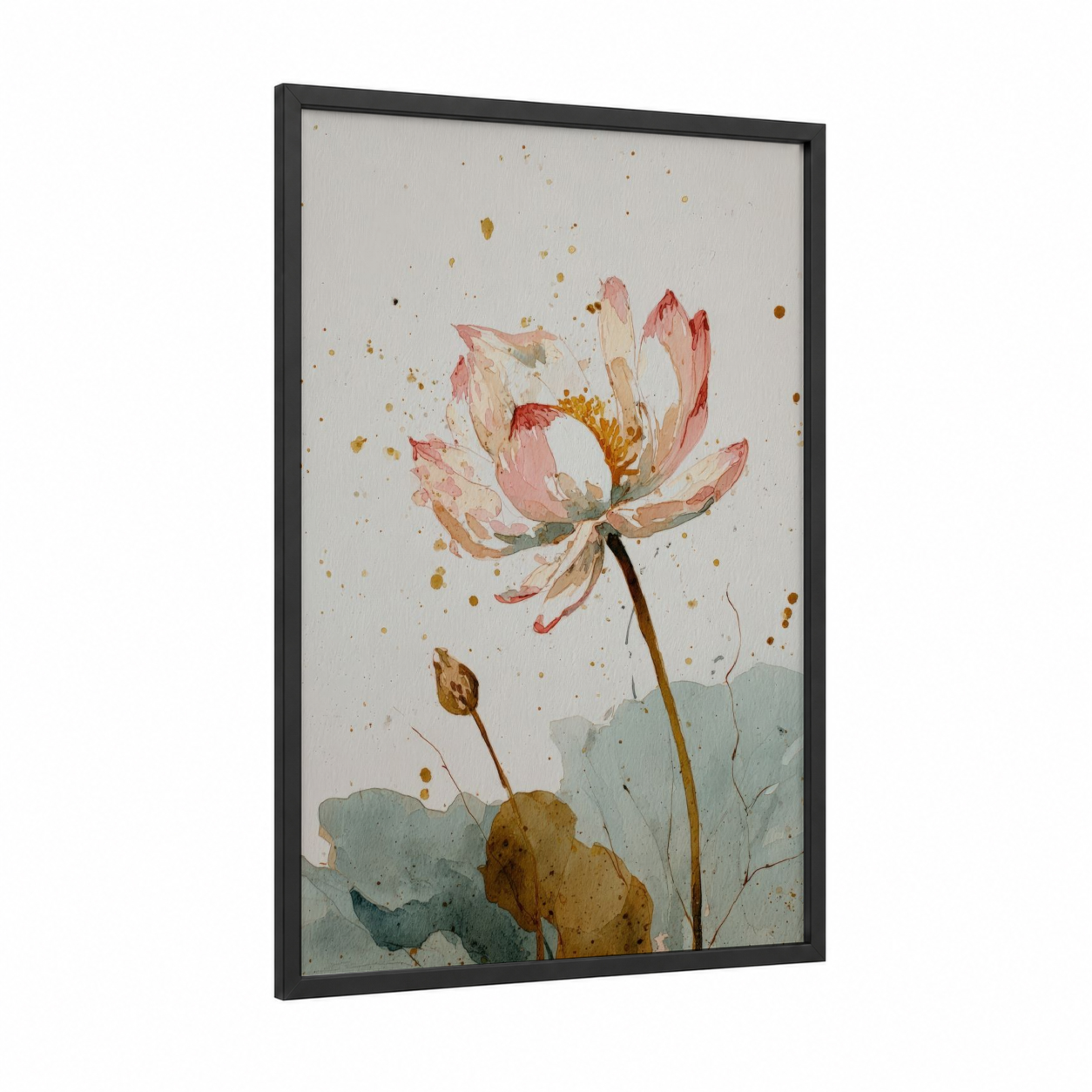 Blush Lotus framed art print — black wood frame — pink and gold palette