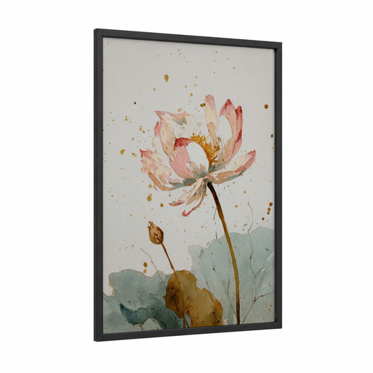 Blush Lotus framed art print — black wood frame — pink and gold palette