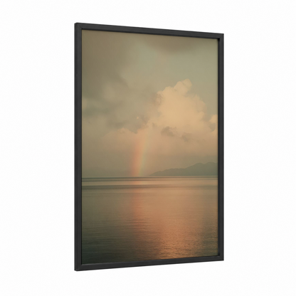 Misty Rainbow framed art print — black wood frame — peach and gray palette
