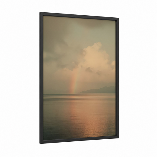 Misty Rainbow framed art print — black wood frame — peach and gray palette