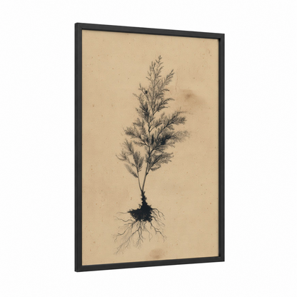 Rooted Redwood framed redwood tree print — black wood frame — black and beige palette