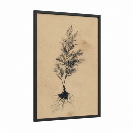 Rooted Redwood framed redwood tree print — black wood frame — black and beige palette