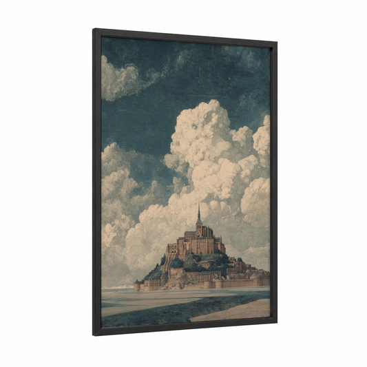 Clouded Cathedral framed mont saint-michel print — black wood frame — cream and blue palette