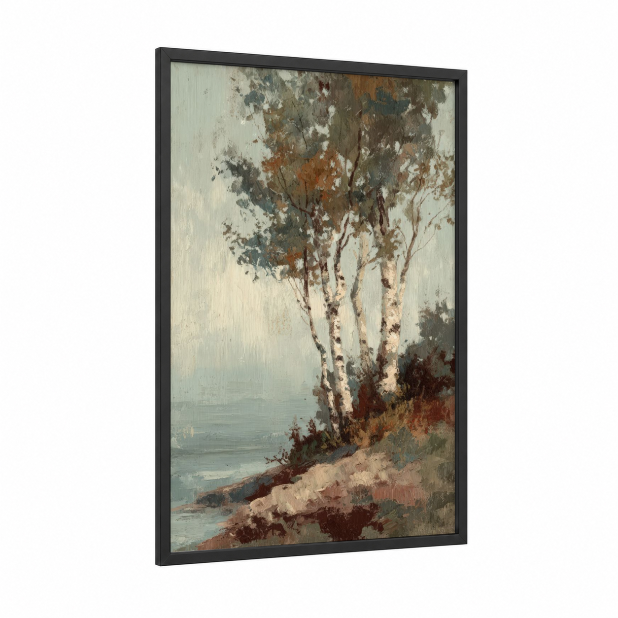 Lakeside Birch framed birch tree print — black wood frame — gray and blue palette