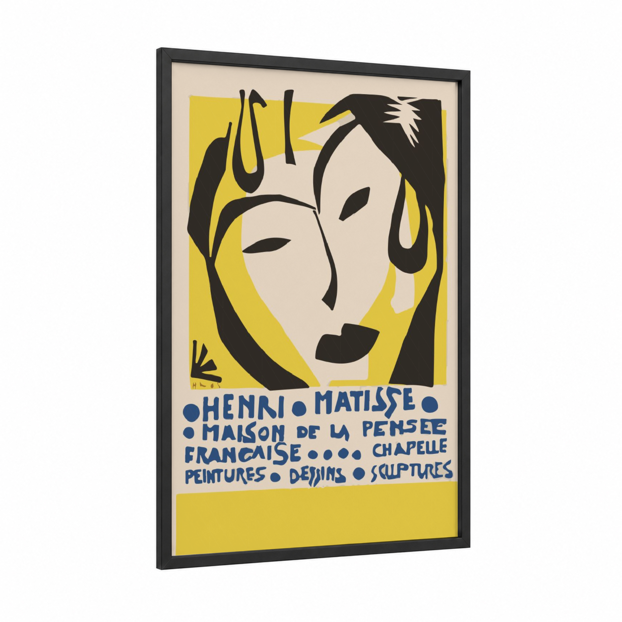 Matisse Fashion Portrait framed fashion illustration print — black wood frame — yellow and black and white palette