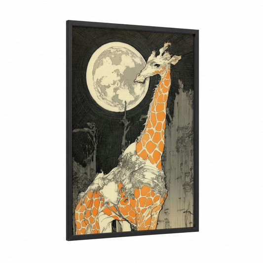 Moonlit Giraffe framed art print — black wood frame — orange and cream palette