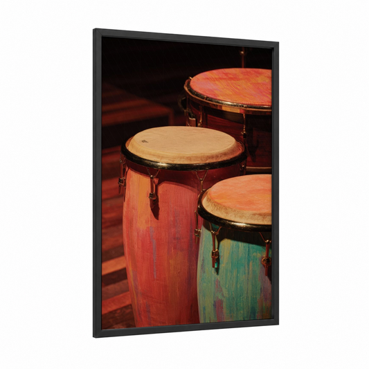 Vibrant Drum Ensemble framed drums print — black wood frame — red and gold palette