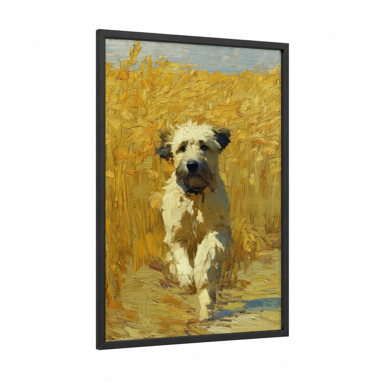 Golden Field Terrier framed art print — black wood frame — gold and cream palette